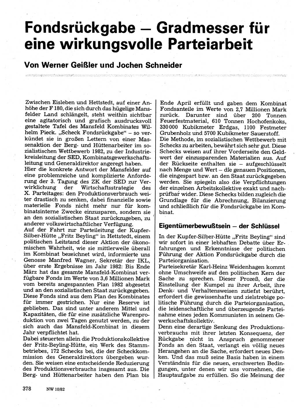 Neuer Weg (NW), Organ des Zentralkomitees (ZK) der SED (Sozialistische Einheitspartei Deutschlands) für Fragen des Parteilebens, 37. Jahrgang [Deutsche Demokratische Republik (DDR)] 1982, Seite 378 (NW ZK SED DDR 1982, S. 378)