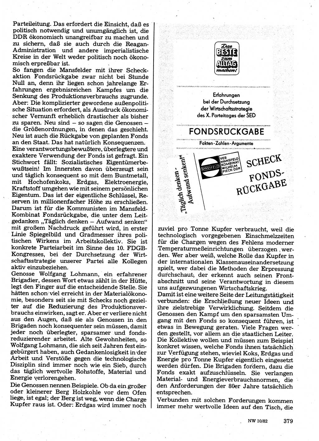 Neuer Weg (NW), Organ des Zentralkomitees (ZK) der SED (Sozialistische Einheitspartei Deutschlands) für Fragen des Parteilebens, 37. Jahrgang [Deutsche Demokratische Republik (DDR)] 1982, Seite 379 (NW ZK SED DDR 1982, S. 379)