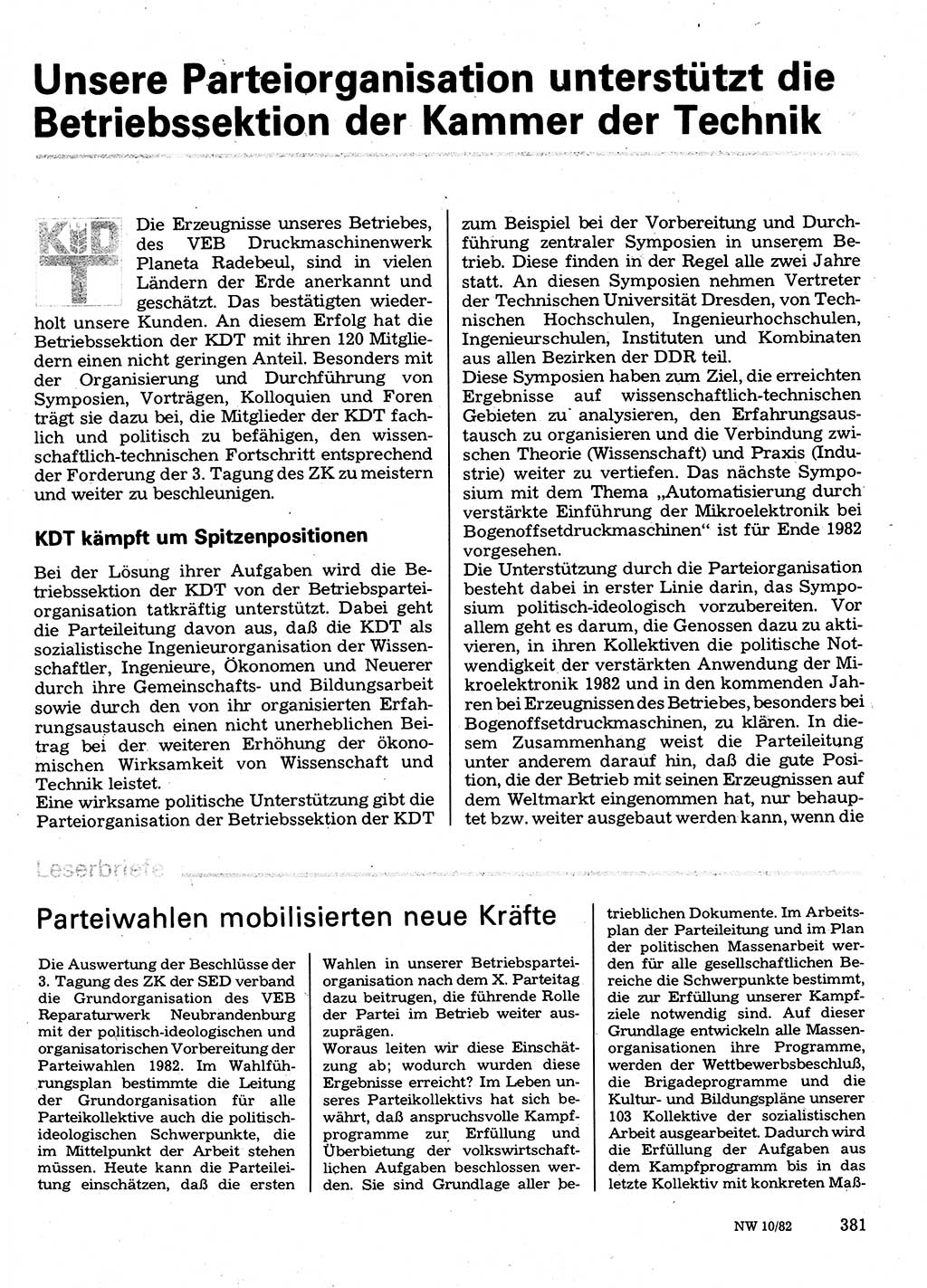 Neuer Weg (NW), Organ des Zentralkomitees (ZK) der SED (Sozialistische Einheitspartei Deutschlands) für Fragen des Parteilebens, 37. Jahrgang [Deutsche Demokratische Republik (DDR)] 1982, Seite 381 (NW ZK SED DDR 1982, S. 381)