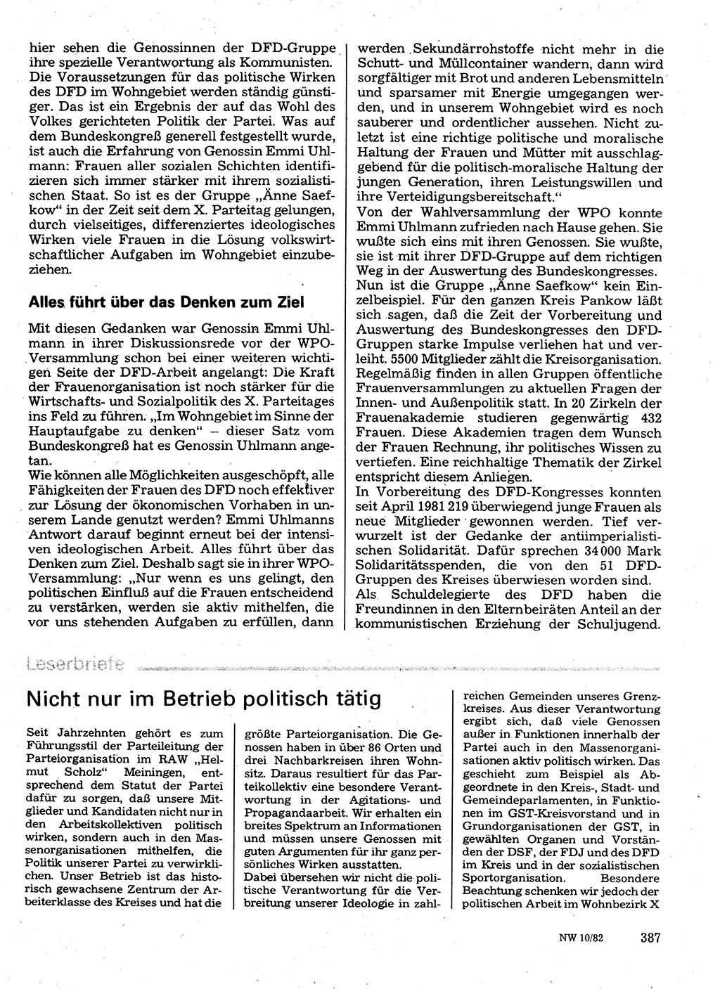 Neuer Weg (NW), Organ des Zentralkomitees (ZK) der SED (Sozialistische Einheitspartei Deutschlands) für Fragen des Parteilebens, 37. Jahrgang [Deutsche Demokratische Republik (DDR)] 1982, Seite 387 (NW ZK SED DDR 1982, S. 387)