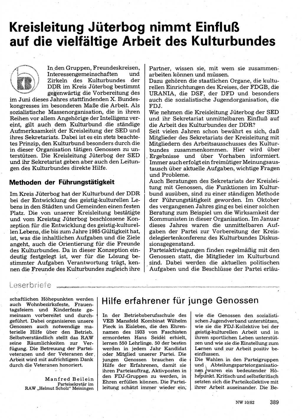 Neuer Weg (NW), Organ des Zentralkomitees (ZK) der SED (Sozialistische Einheitspartei Deutschlands) für Fragen des Parteilebens, 37. Jahrgang [Deutsche Demokratische Republik (DDR)] 1982, Seite 389 (NW ZK SED DDR 1982, S. 389)