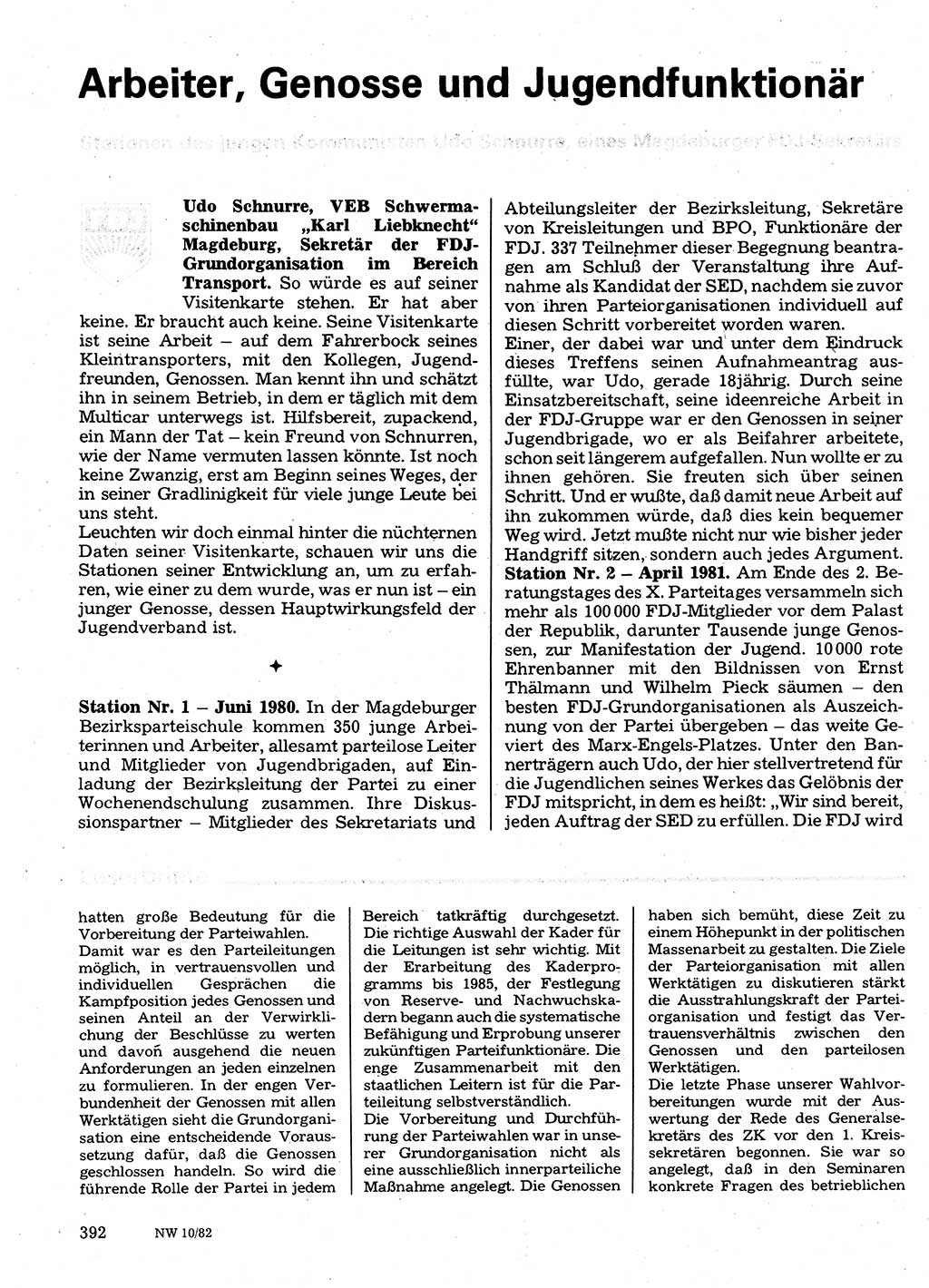 Neuer Weg (NW), Organ des Zentralkomitees (ZK) der SED (Sozialistische Einheitspartei Deutschlands) für Fragen des Parteilebens, 37. Jahrgang [Deutsche Demokratische Republik (DDR)] 1982, Seite 392 (NW ZK SED DDR 1982, S. 392)