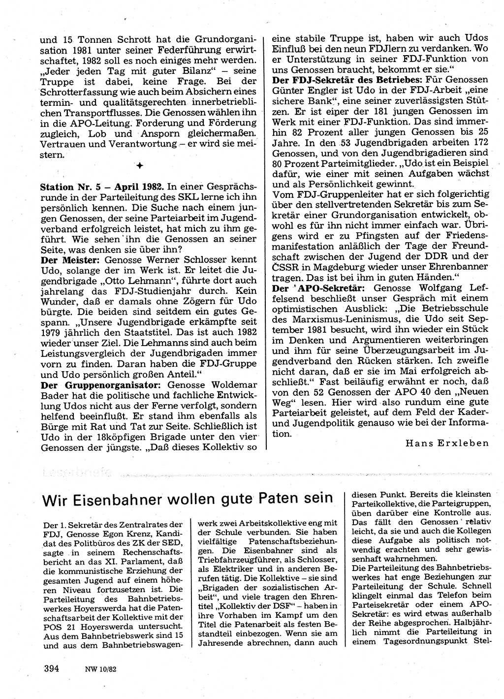 Neuer Weg (NW), Organ des Zentralkomitees (ZK) der SED (Sozialistische Einheitspartei Deutschlands) für Fragen des Parteilebens, 37. Jahrgang [Deutsche Demokratische Republik (DDR)] 1982, Seite 394 (NW ZK SED DDR 1982, S. 394)