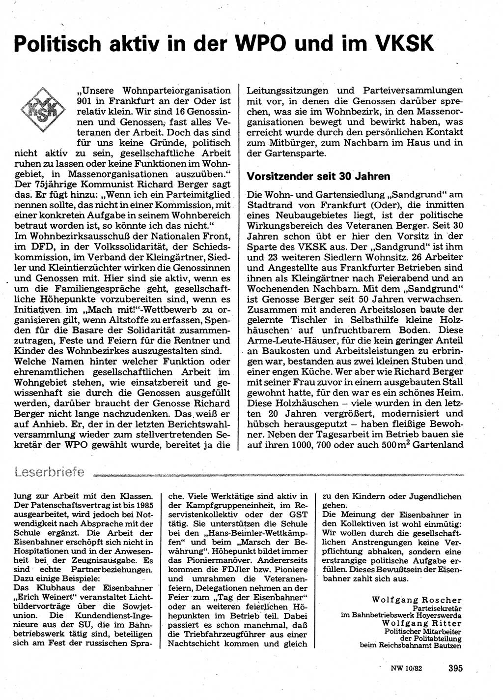 Neuer Weg (NW), Organ des Zentralkomitees (ZK) der SED (Sozialistische Einheitspartei Deutschlands) für Fragen des Parteilebens, 37. Jahrgang [Deutsche Demokratische Republik (DDR)] 1982, Seite 395 (NW ZK SED DDR 1982, S. 395)