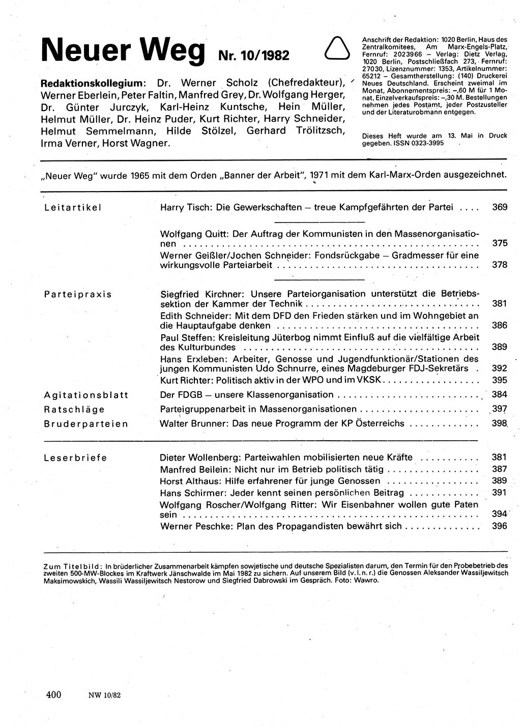 Neuer Weg (NW), Organ des Zentralkomitees (ZK) der SED (Sozialistische Einheitspartei Deutschlands) für Fragen des Parteilebens, 37. Jahrgang [Deutsche Demokratische Republik (DDR)] 1982, Seite 400 (NW ZK SED DDR 1982, S. 400)