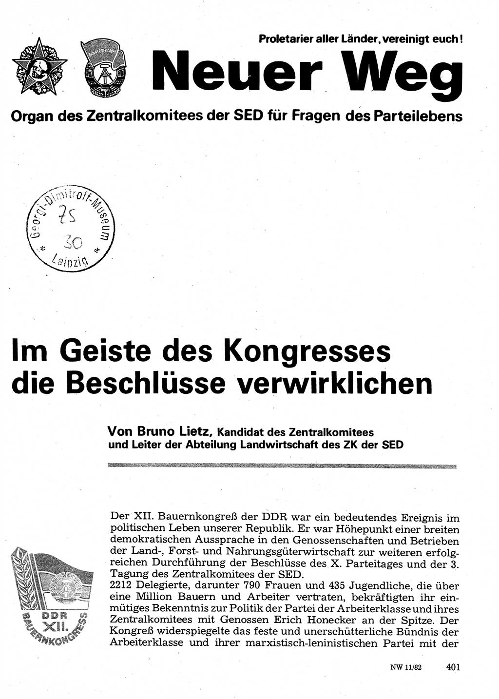 Neuer Weg (NW), Organ des Zentralkomitees (ZK) der SED (Sozialistische Einheitspartei Deutschlands) für Fragen des Parteilebens, 37. Jahrgang [Deutsche Demokratische Republik (DDR)] 1982, Seite 401 (NW ZK SED DDR 1982, S. 401)
