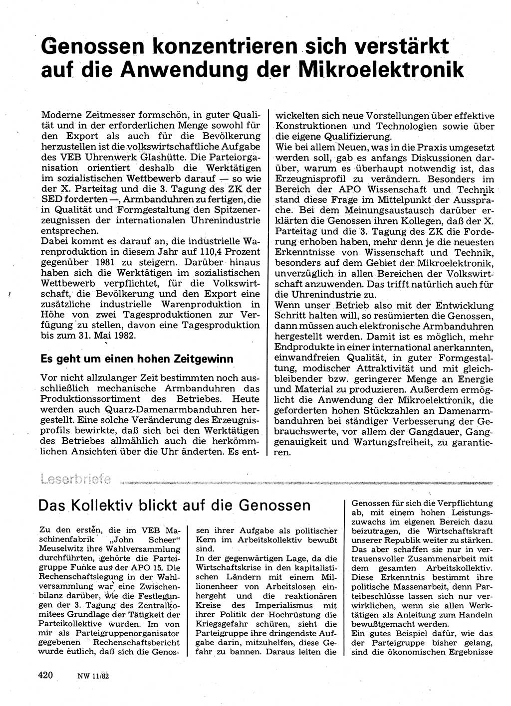 Neuer Weg (NW), Organ des Zentralkomitees (ZK) der SED (Sozialistische Einheitspartei Deutschlands) für Fragen des Parteilebens, 37. Jahrgang [Deutsche Demokratische Republik (DDR)] 1982, Seite 420 (NW ZK SED DDR 1982, S. 420)