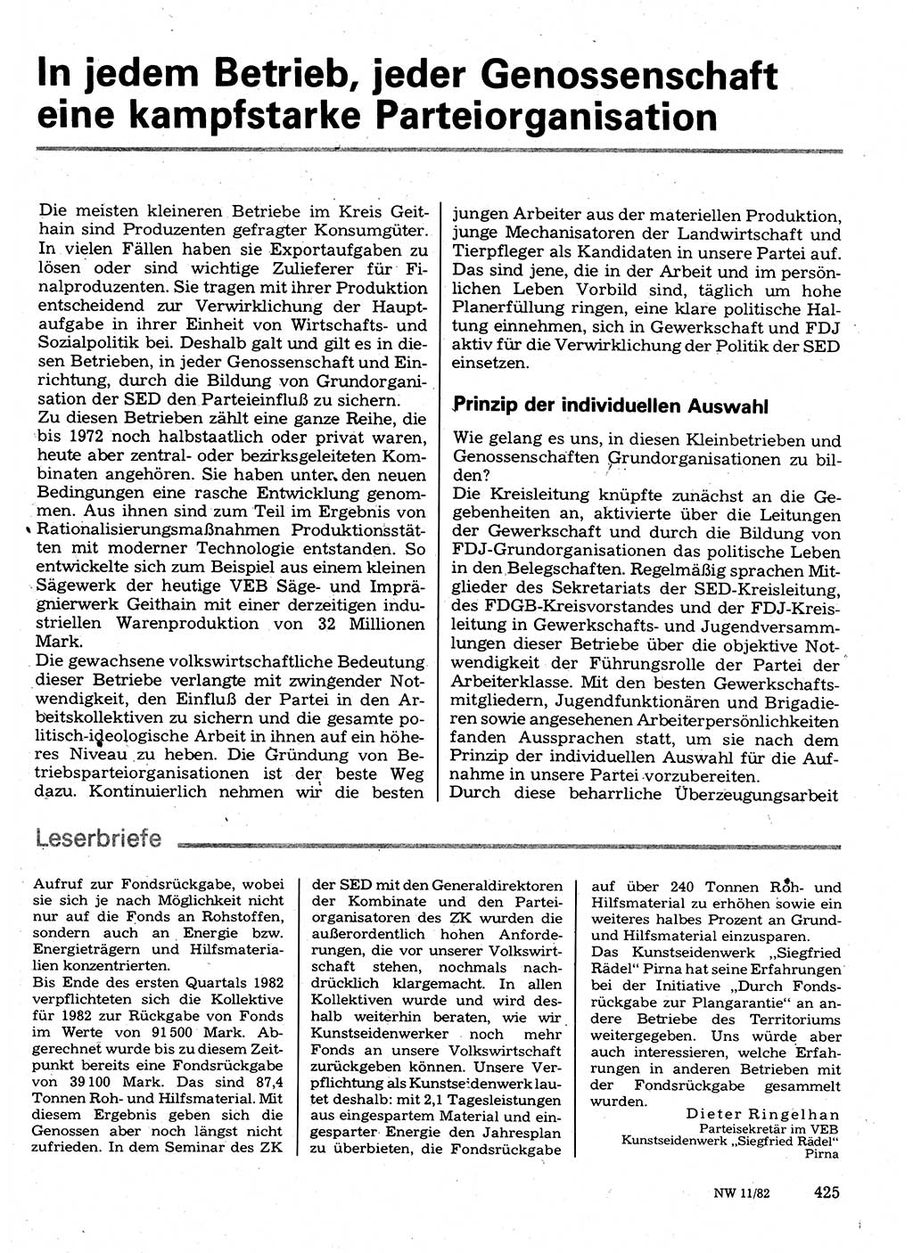 Neuer Weg (NW), Organ des Zentralkomitees (ZK) der SED (Sozialistische Einheitspartei Deutschlands) für Fragen des Parteilebens, 37. Jahrgang [Deutsche Demokratische Republik (DDR)] 1982, Seite 425 (NW ZK SED DDR 1982, S. 425)