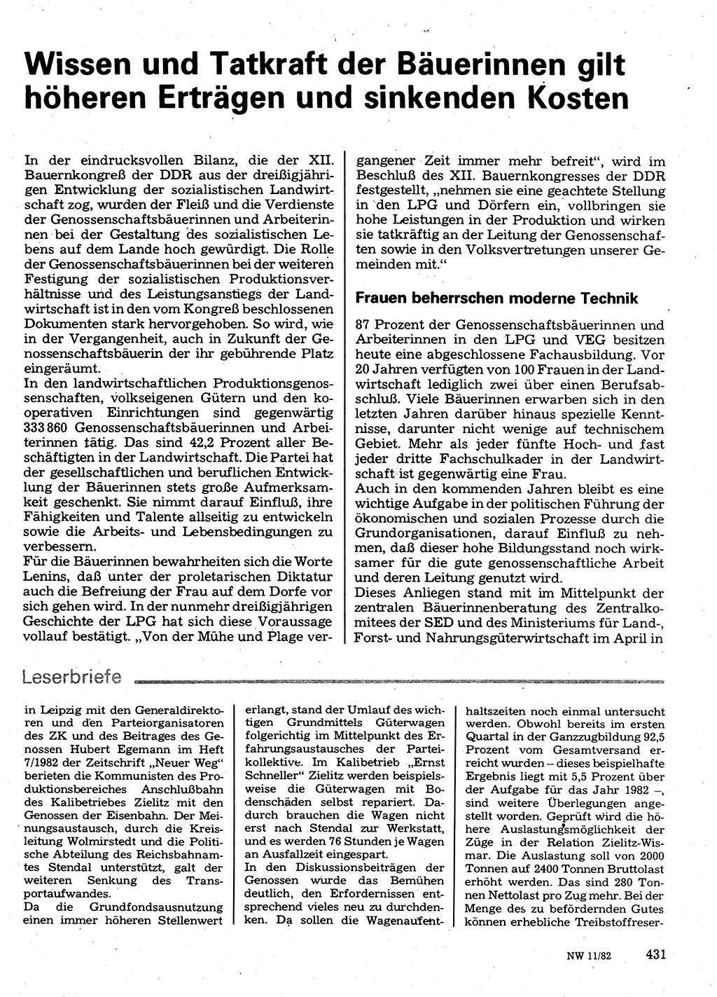 Neuer Weg (NW), Organ des Zentralkomitees (ZK) der SED (Sozialistische Einheitspartei Deutschlands) für Fragen des Parteilebens, 37. Jahrgang [Deutsche Demokratische Republik (DDR)] 1982, Seite 431 (NW ZK SED DDR 1982, S. 431)