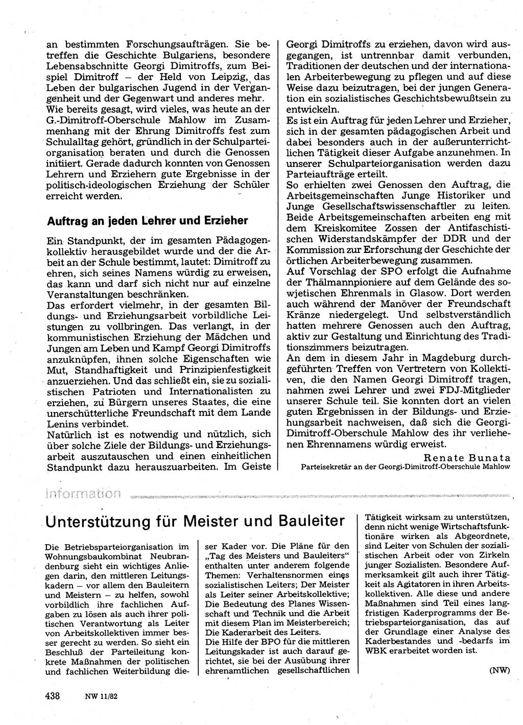 Neuer Weg (NW), Organ des Zentralkomitees (ZK) der SED (Sozialistische Einheitspartei Deutschlands) für Fragen des Parteilebens, 37. Jahrgang [Deutsche Demokratische Republik (DDR)] 1982, Seite 438 (NW ZK SED DDR 1982, S. 438)