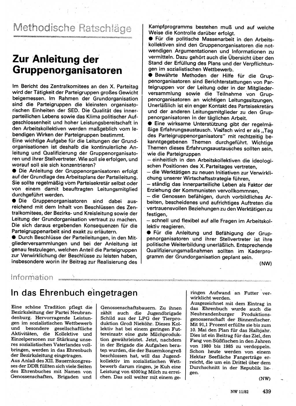 Neuer Weg (NW), Organ des Zentralkomitees (ZK) der SED (Sozialistische Einheitspartei Deutschlands) für Fragen des Parteilebens, 37. Jahrgang [Deutsche Demokratische Republik (DDR)] 1982, Seite 439 (NW ZK SED DDR 1982, S. 439)