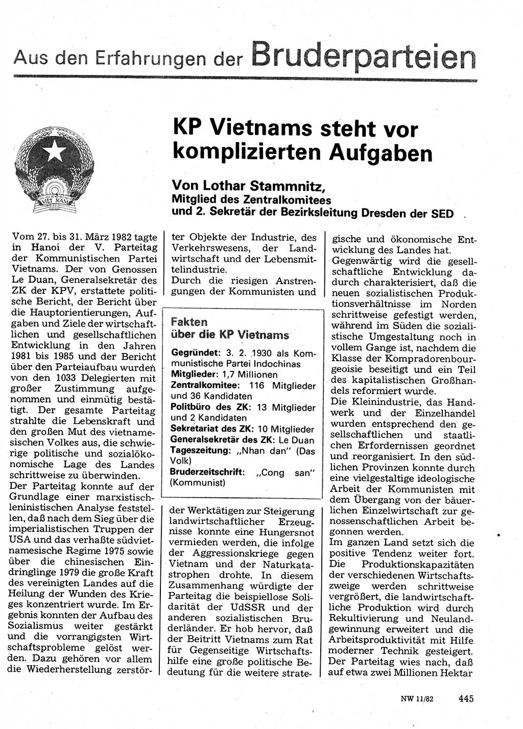 Neuer Weg (NW), Organ des Zentralkomitees (ZK) der SED (Sozialistische Einheitspartei Deutschlands) fÃ¼r Fragen des Parteilebens, 37. Jahrgang [Deutsche Demokratische Republik (DDR)] 1982, Seite 445 (NW ZK SED DDR 1982, S. 445)