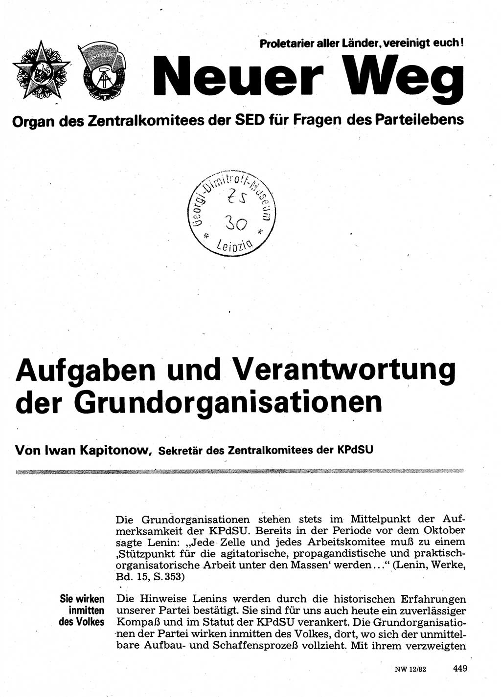 Neuer Weg (NW), Organ des Zentralkomitees (ZK) der SED (Sozialistische Einheitspartei Deutschlands) für Fragen des Parteilebens, 37. Jahrgang [Deutsche Demokratische Republik (DDR)] 1982, Seite 449 (NW ZK SED DDR 1982, S. 449)