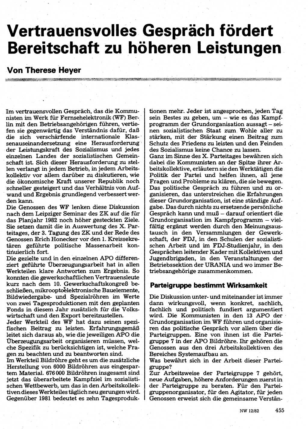 Neuer Weg (NW), Organ des Zentralkomitees (ZK) der SED (Sozialistische Einheitspartei Deutschlands) für Fragen des Parteilebens, 37. Jahrgang [Deutsche Demokratische Republik (DDR)] 1982, Seite 455 (NW ZK SED DDR 1982, S. 455)