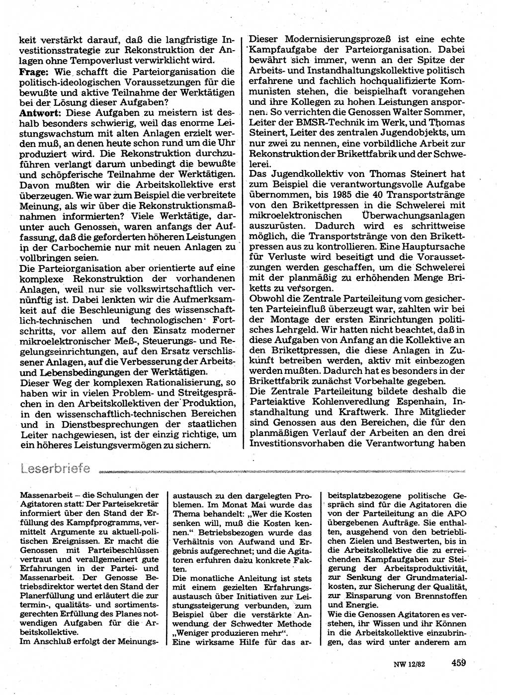 Neuer Weg (NW), Organ des Zentralkomitees (ZK) der SED (Sozialistische Einheitspartei Deutschlands) für Fragen des Parteilebens, 37. Jahrgang [Deutsche Demokratische Republik (DDR)] 1982, Seite 459 (NW ZK SED DDR 1982, S. 459)