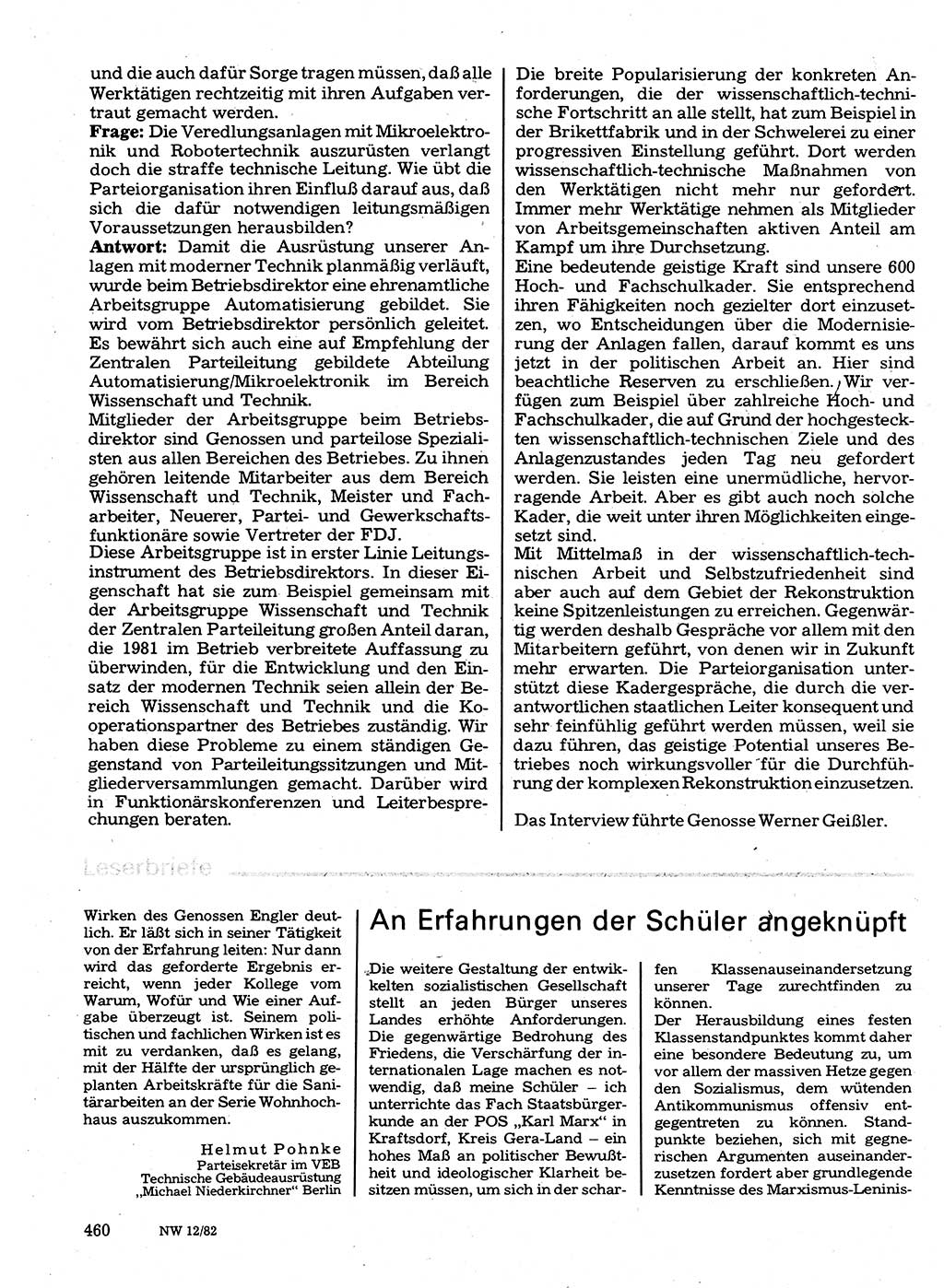 Neuer Weg (NW), Organ des Zentralkomitees (ZK) der SED (Sozialistische Einheitspartei Deutschlands) für Fragen des Parteilebens, 37. Jahrgang [Deutsche Demokratische Republik (DDR)] 1982, Seite 460 (NW ZK SED DDR 1982, S. 460)