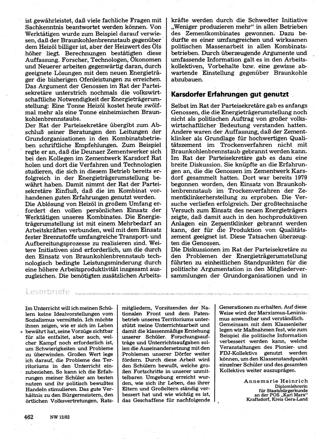 Neuer Weg (NW), Organ des Zentralkomitees (ZK) der SED (Sozialistische Einheitspartei Deutschlands) für Fragen des Parteilebens, 37. Jahrgang [Deutsche Demokratische Republik (DDR)] 1982, Seite 462 (NW ZK SED DDR 1982, S. 462)