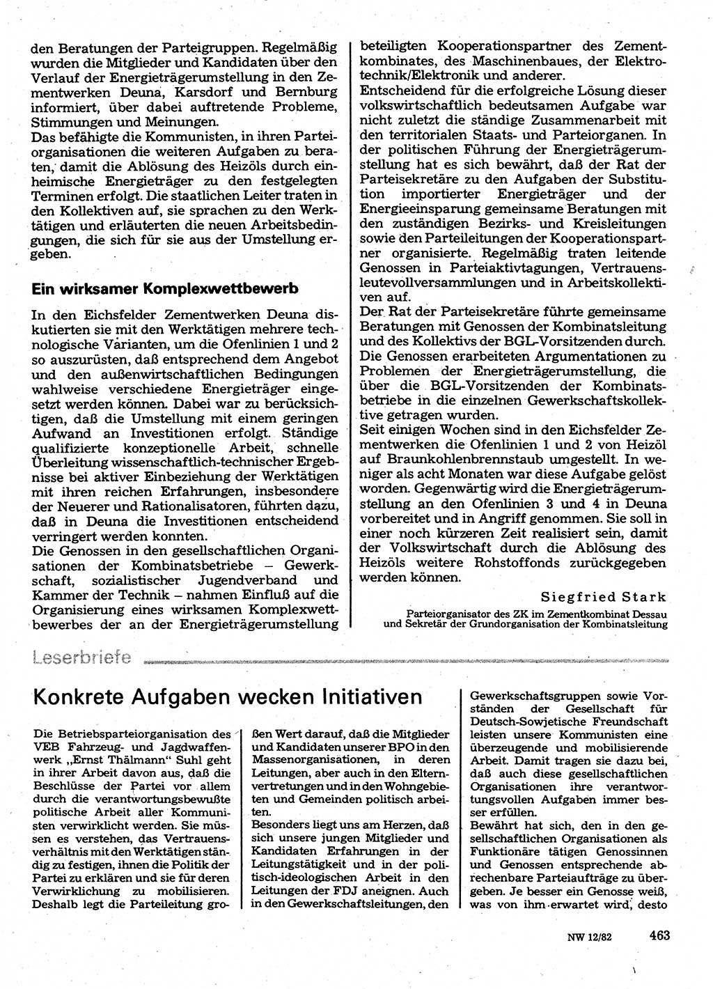 Neuer Weg (NW), Organ des Zentralkomitees (ZK) der SED (Sozialistische Einheitspartei Deutschlands) für Fragen des Parteilebens, 37. Jahrgang [Deutsche Demokratische Republik (DDR)] 1982, Seite 463 (NW ZK SED DDR 1982, S. 463)