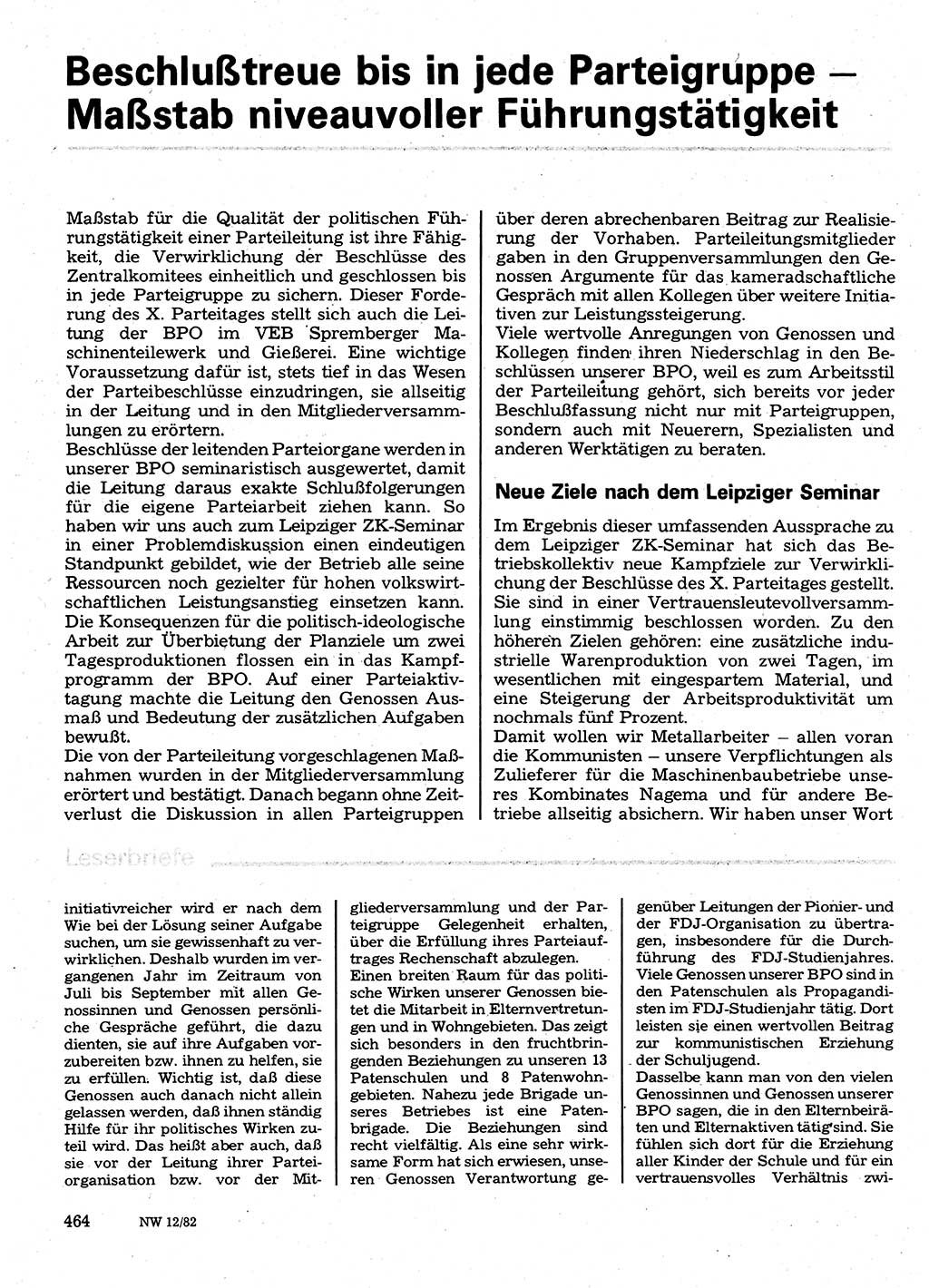Neuer Weg (NW), Organ des Zentralkomitees (ZK) der SED (Sozialistische Einheitspartei Deutschlands) für Fragen des Parteilebens, 37. Jahrgang [Deutsche Demokratische Republik (DDR)] 1982, Seite 464 (NW ZK SED DDR 1982, S. 464)