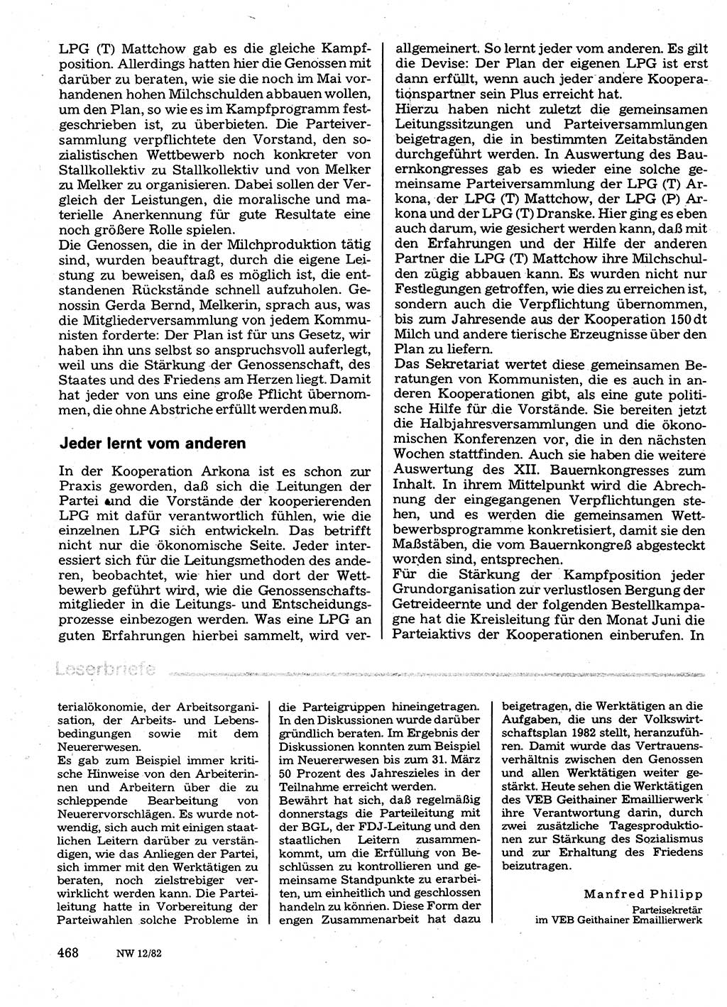 Neuer Weg (NW), Organ des Zentralkomitees (ZK) der SED (Sozialistische Einheitspartei Deutschlands) für Fragen des Parteilebens, 37. Jahrgang [Deutsche Demokratische Republik (DDR)] 1982, Seite 468 (NW ZK SED DDR 1982, S. 468)