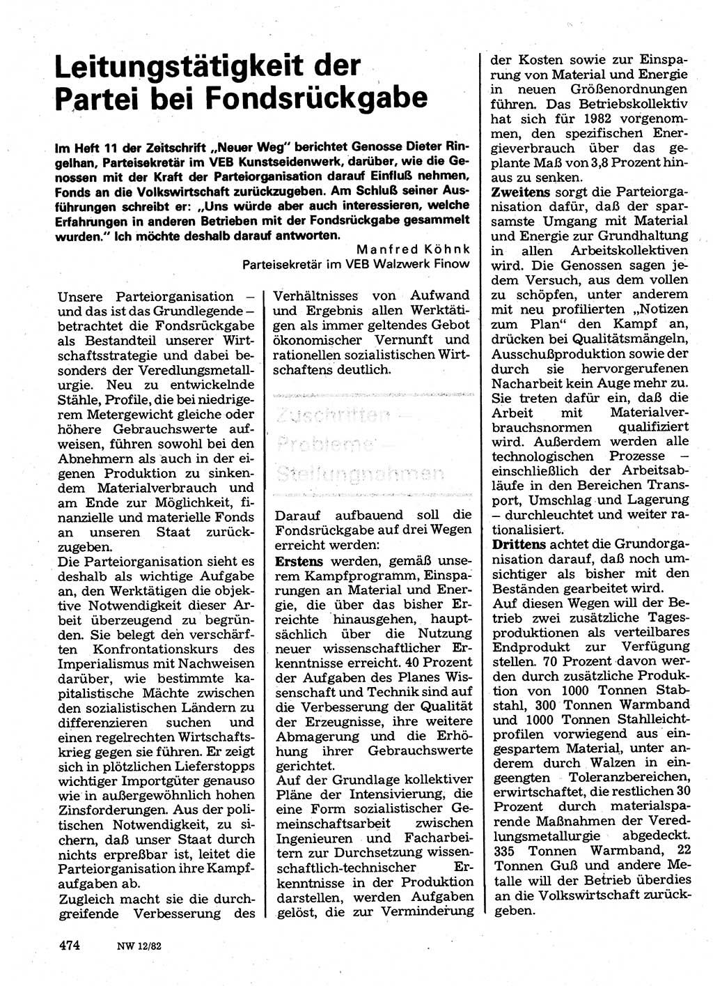 Neuer Weg (NW), Organ des Zentralkomitees (ZK) der SED (Sozialistische Einheitspartei Deutschlands) für Fragen des Parteilebens, 37. Jahrgang [Deutsche Demokratische Republik (DDR)] 1982, Seite 474 (NW ZK SED DDR 1982, S. 474)