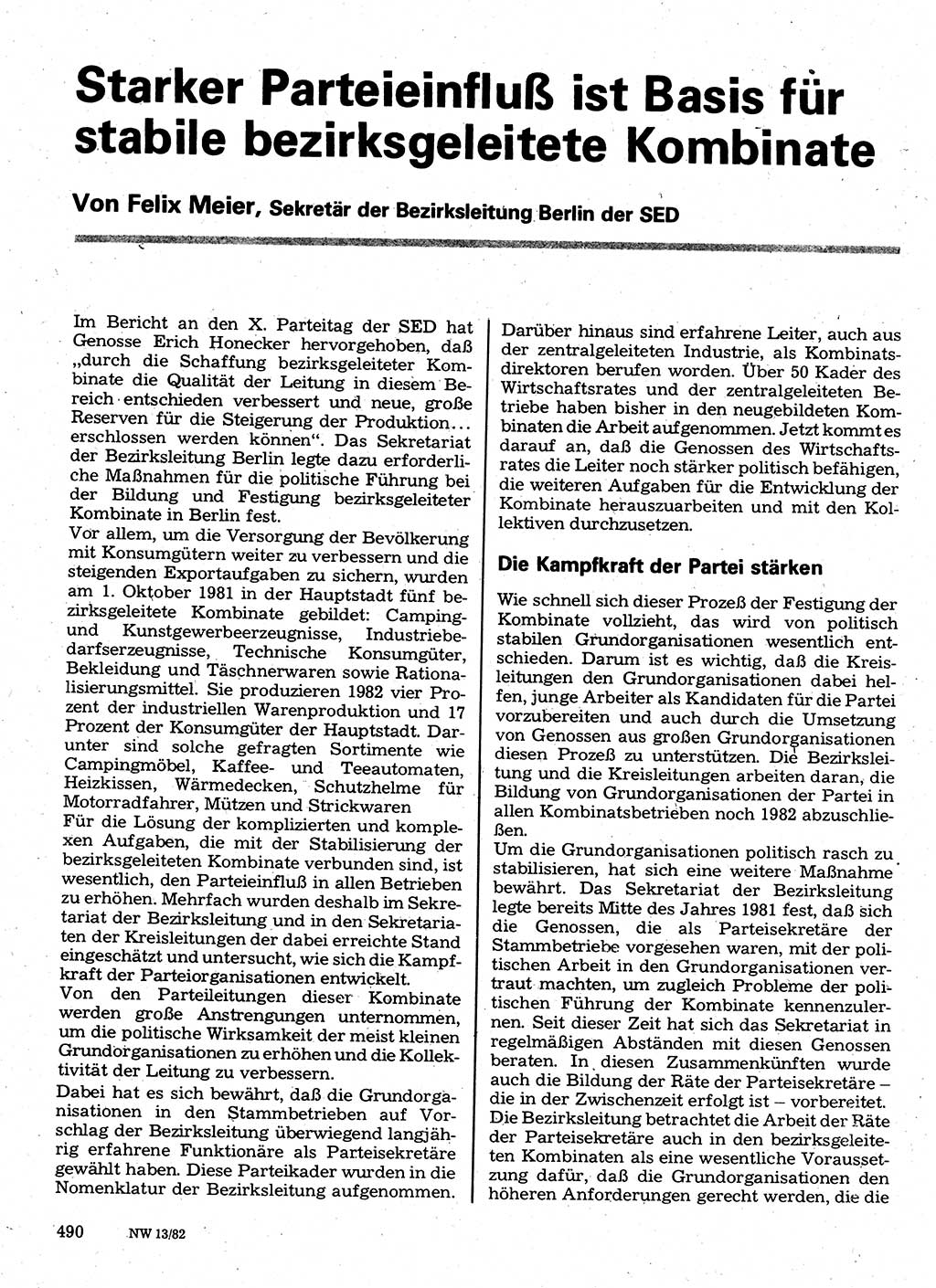 Neuer Weg (NW), Organ des Zentralkomitees (ZK) der SED (Sozialistische Einheitspartei Deutschlands) für Fragen des Parteilebens, 37. Jahrgang [Deutsche Demokratische Republik (DDR)] 1982, Seite 490 (NW ZK SED DDR 1982, S. 490)