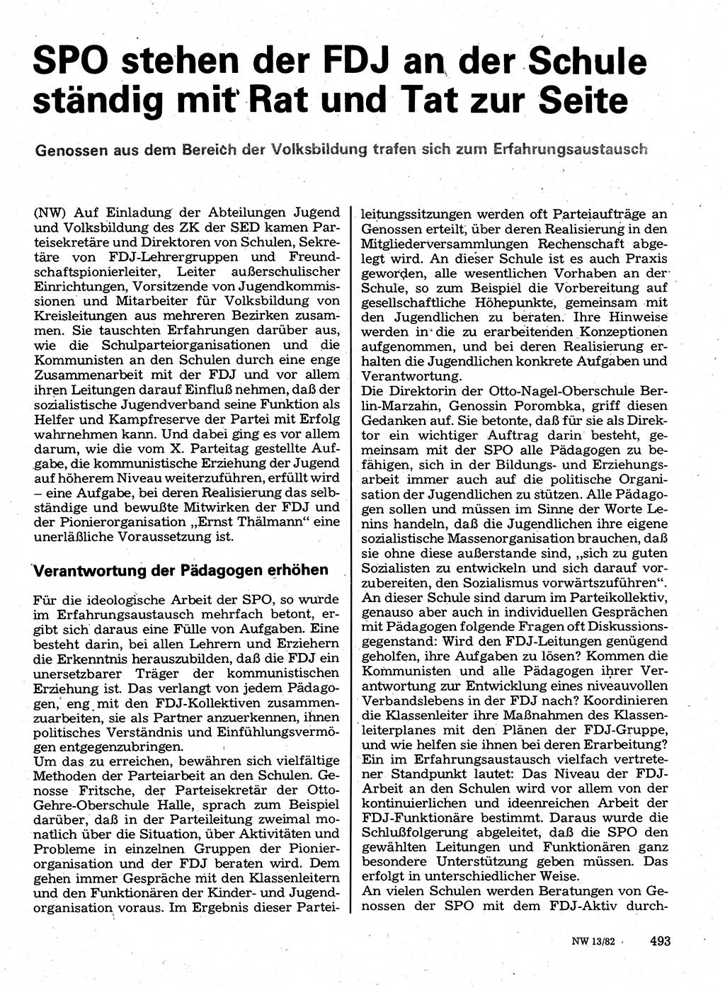 Neuer Weg (NW), Organ des Zentralkomitees (ZK) der SED (Sozialistische Einheitspartei Deutschlands) für Fragen des Parteilebens, 37. Jahrgang [Deutsche Demokratische Republik (DDR)] 1982, Seite 493 (NW ZK SED DDR 1982, S. 493)