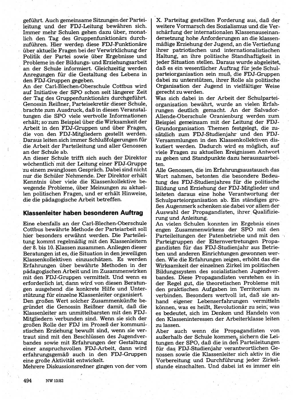 Neuer Weg (NW), Organ des Zentralkomitees (ZK) der SED (Sozialistische Einheitspartei Deutschlands) für Fragen des Parteilebens, 37. Jahrgang [Deutsche Demokratische Republik (DDR)] 1982, Seite 494 (NW ZK SED DDR 1982, S. 494)