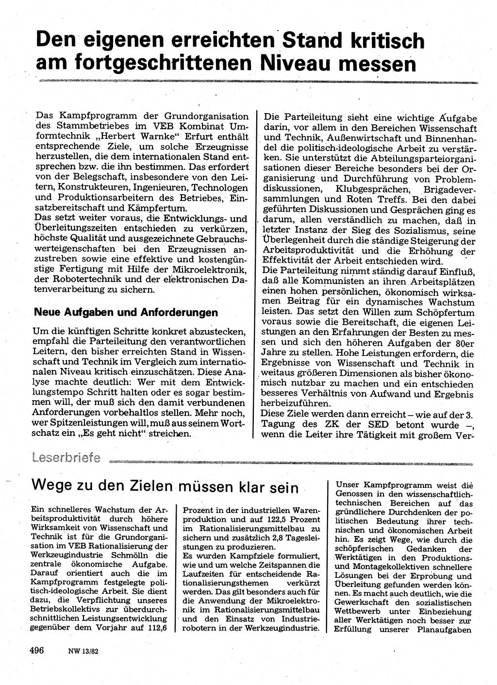 Neuer Weg (NW), Organ des Zentralkomitees (ZK) der SED (Sozialistische Einheitspartei Deutschlands) für Fragen des Parteilebens, 37. Jahrgang [Deutsche Demokratische Republik (DDR)] 1982, Seite 496 (NW ZK SED DDR 1982, S. 496)
