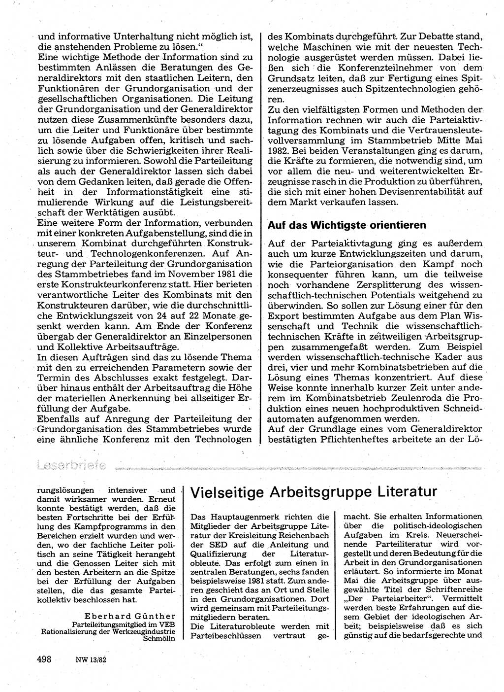 Neuer Weg (NW), Organ des Zentralkomitees (ZK) der SED (Sozialistische Einheitspartei Deutschlands) für Fragen des Parteilebens, 37. Jahrgang [Deutsche Demokratische Republik (DDR)] 1982, Seite 498 (NW ZK SED DDR 1982, S. 498)