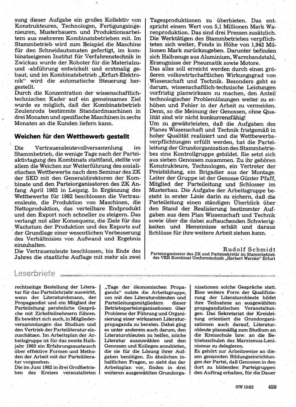 Neuer Weg (NW), Organ des Zentralkomitees (ZK) der SED (Sozialistische Einheitspartei Deutschlands) für Fragen des Parteilebens, 37. Jahrgang [Deutsche Demokratische Republik (DDR)] 1982, Seite 499 (NW ZK SED DDR 1982, S. 499)