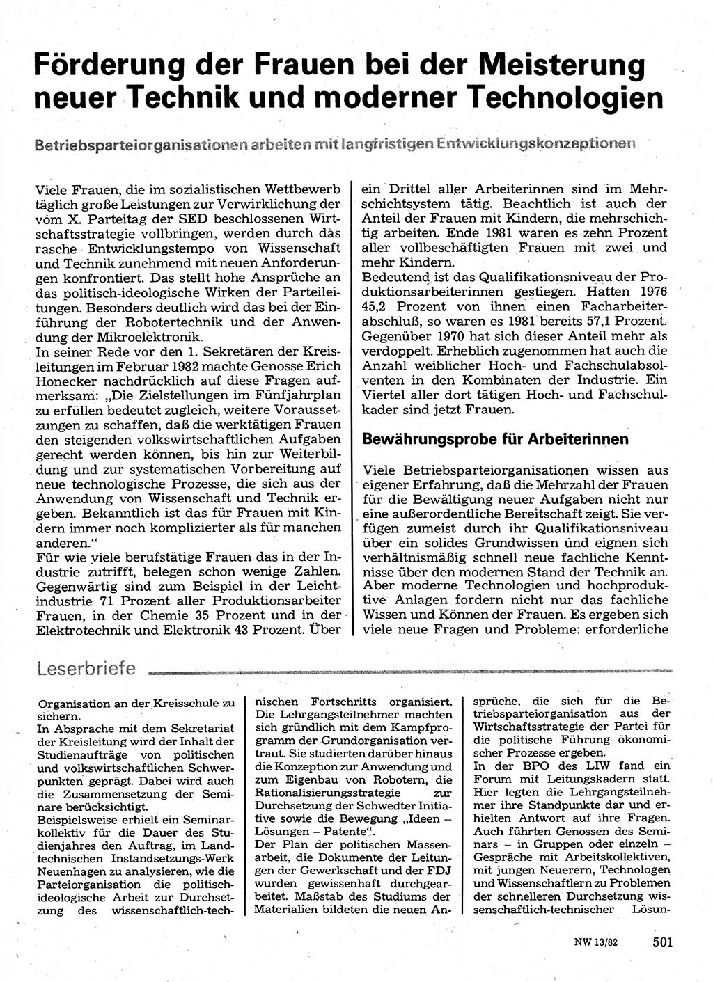 Neuer Weg (NW), Organ des Zentralkomitees (ZK) der SED (Sozialistische Einheitspartei Deutschlands) für Fragen des Parteilebens, 37. Jahrgang [Deutsche Demokratische Republik (DDR)] 1982, Seite 501 (NW ZK SED DDR 1982, S. 501)