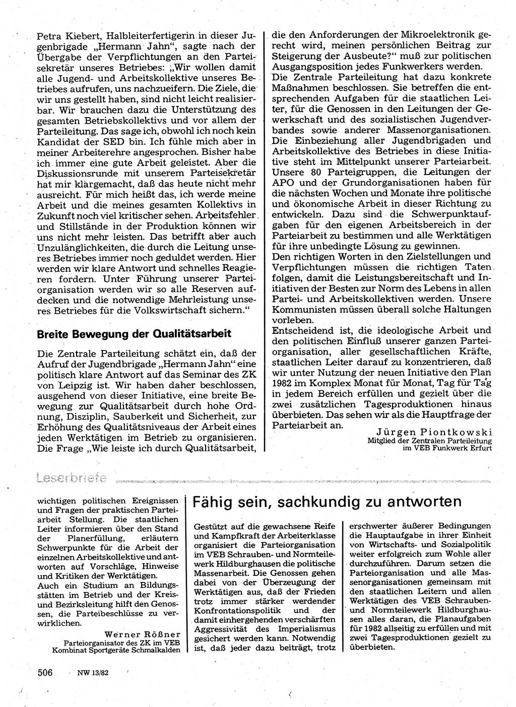 Neuer Weg (NW), Organ des Zentralkomitees (ZK) der SED (Sozialistische Einheitspartei Deutschlands) für Fragen des Parteilebens, 37. Jahrgang [Deutsche Demokratische Republik (DDR)] 1982, Seite 506 (NW ZK SED DDR 1982, S. 506)