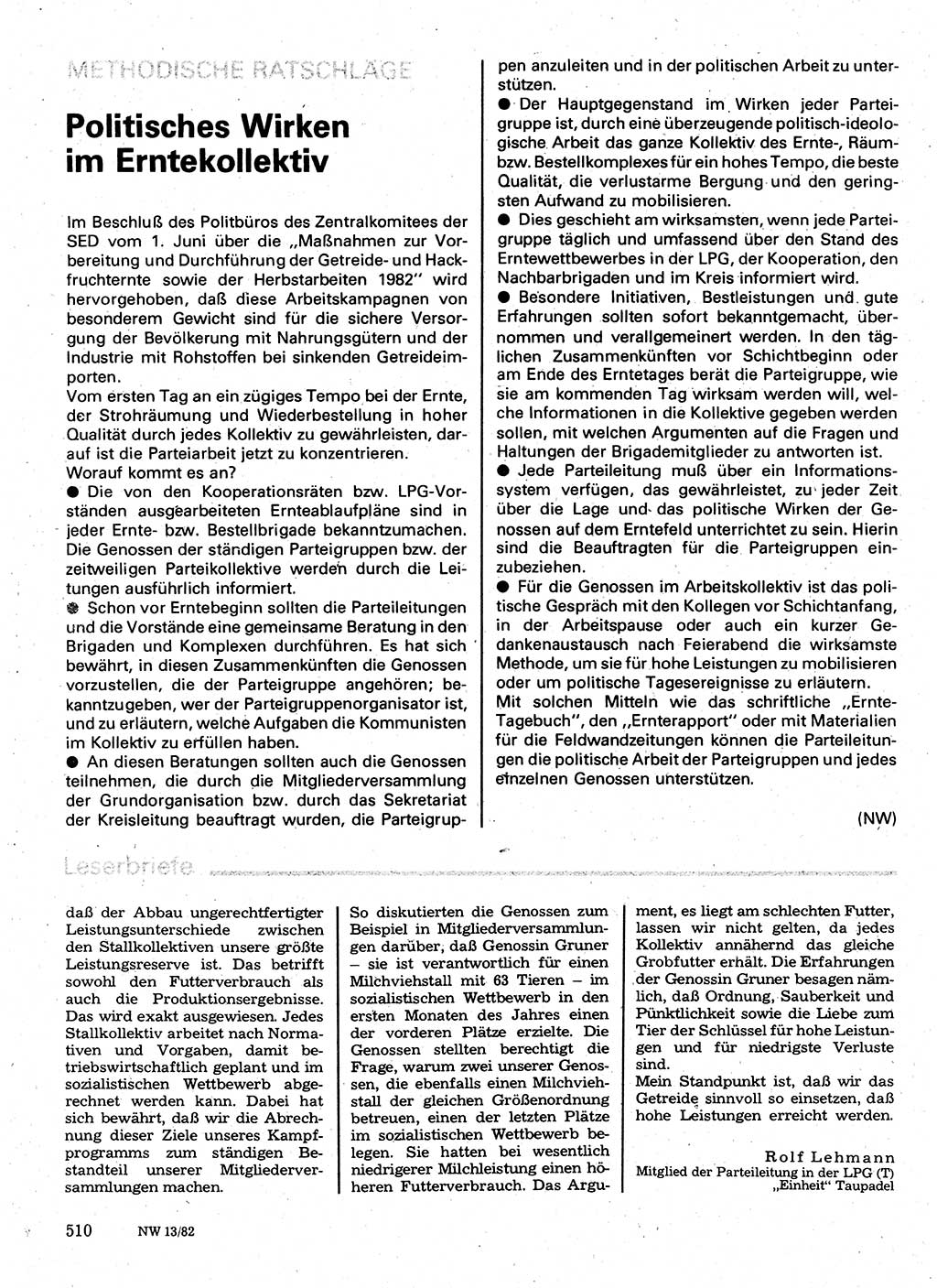 Neuer Weg (NW), Organ des Zentralkomitees (ZK) der SED (Sozialistische Einheitspartei Deutschlands) für Fragen des Parteilebens, 37. Jahrgang [Deutsche Demokratische Republik (DDR)] 1982, Seite 510 (NW ZK SED DDR 1982, S. 510)