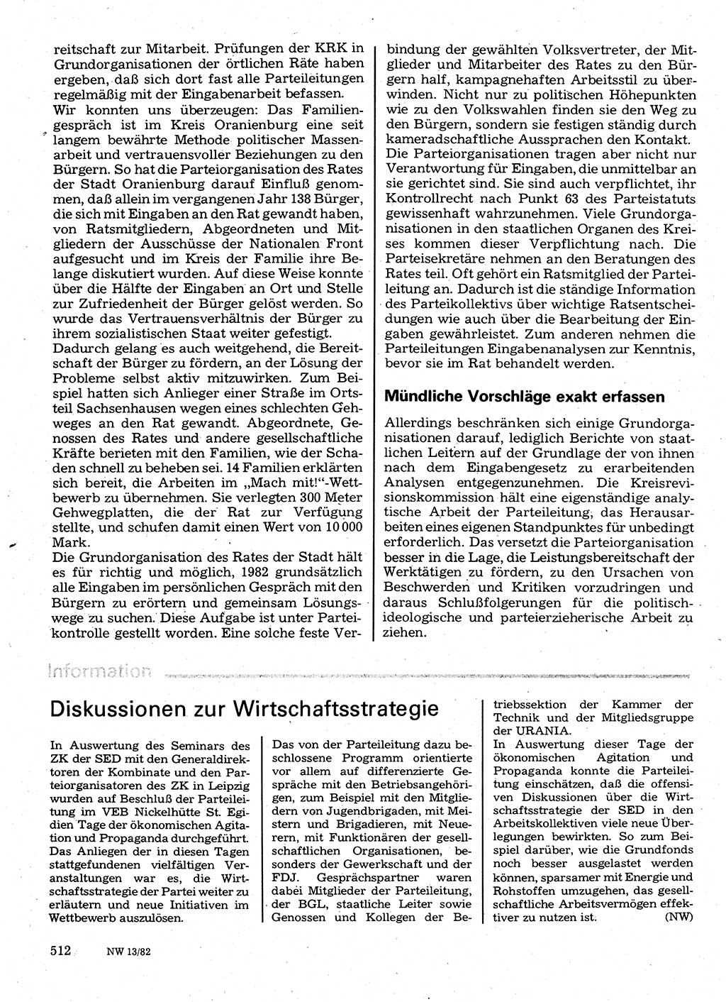 Neuer Weg (NW), Organ des Zentralkomitees (ZK) der SED (Sozialistische Einheitspartei Deutschlands) für Fragen des Parteilebens, 37. Jahrgang [Deutsche Demokratische Republik (DDR)] 1982, Seite 512 (NW ZK SED DDR 1982, S. 512)