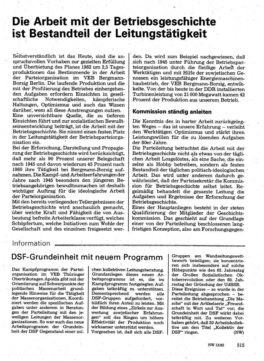 Neuer Weg (NW), Organ des Zentralkomitees (ZK) der SED (Sozialistische Einheitspartei Deutschlands) für Fragen des Parteilebens, 37. Jahrgang [Deutsche Demokratische Republik (DDR)] 1982, Seite 515 (NW ZK SED DDR 1982, S. 515)