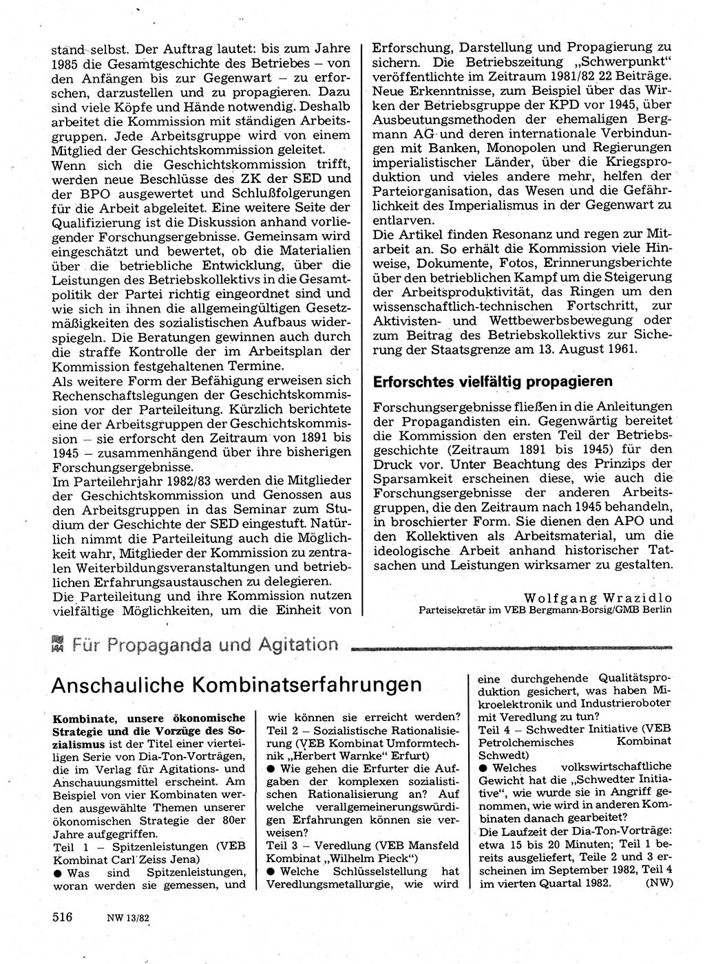 Neuer Weg (NW), Organ des Zentralkomitees (ZK) der SED (Sozialistische Einheitspartei Deutschlands) für Fragen des Parteilebens, 37. Jahrgang [Deutsche Demokratische Republik (DDR)] 1982, Seite 516 (NW ZK SED DDR 1982, S. 516)