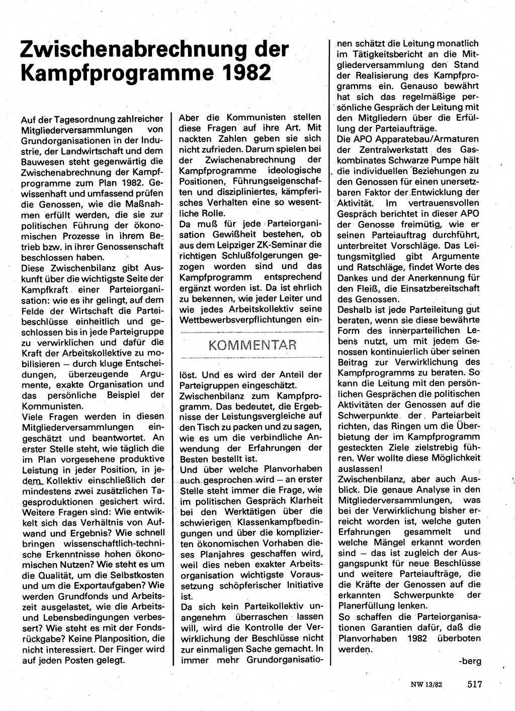 Neuer Weg (NW), Organ des Zentralkomitees (ZK) der SED (Sozialistische Einheitspartei Deutschlands) für Fragen des Parteilebens, 37. Jahrgang [Deutsche Demokratische Republik (DDR)] 1982, Seite 517 (NW ZK SED DDR 1982, S. 517)