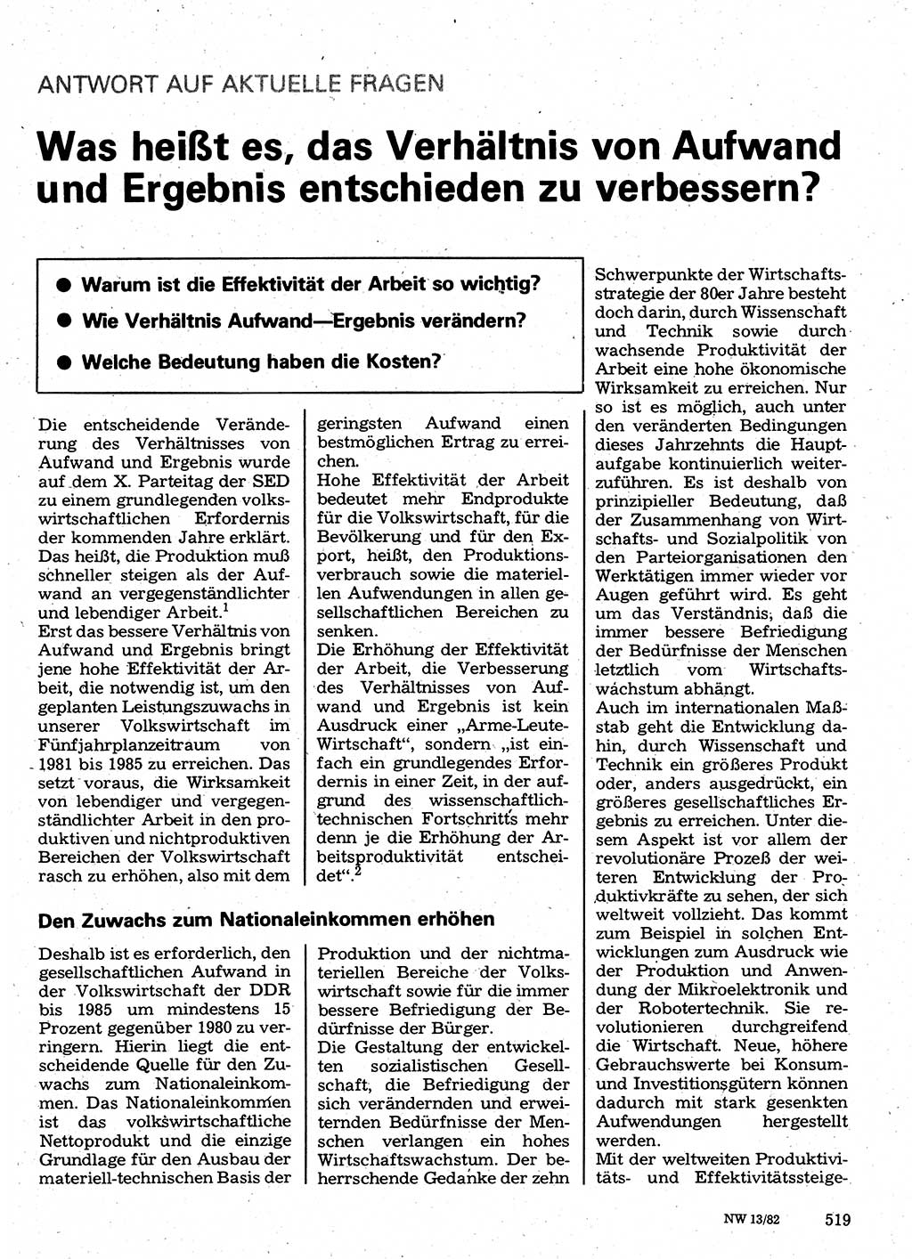 Neuer Weg (NW), Organ des Zentralkomitees (ZK) der SED (Sozialistische Einheitspartei Deutschlands) für Fragen des Parteilebens, 37. Jahrgang [Deutsche Demokratische Republik (DDR)] 1982, Seite 519 (NW ZK SED DDR 1982, S. 519)