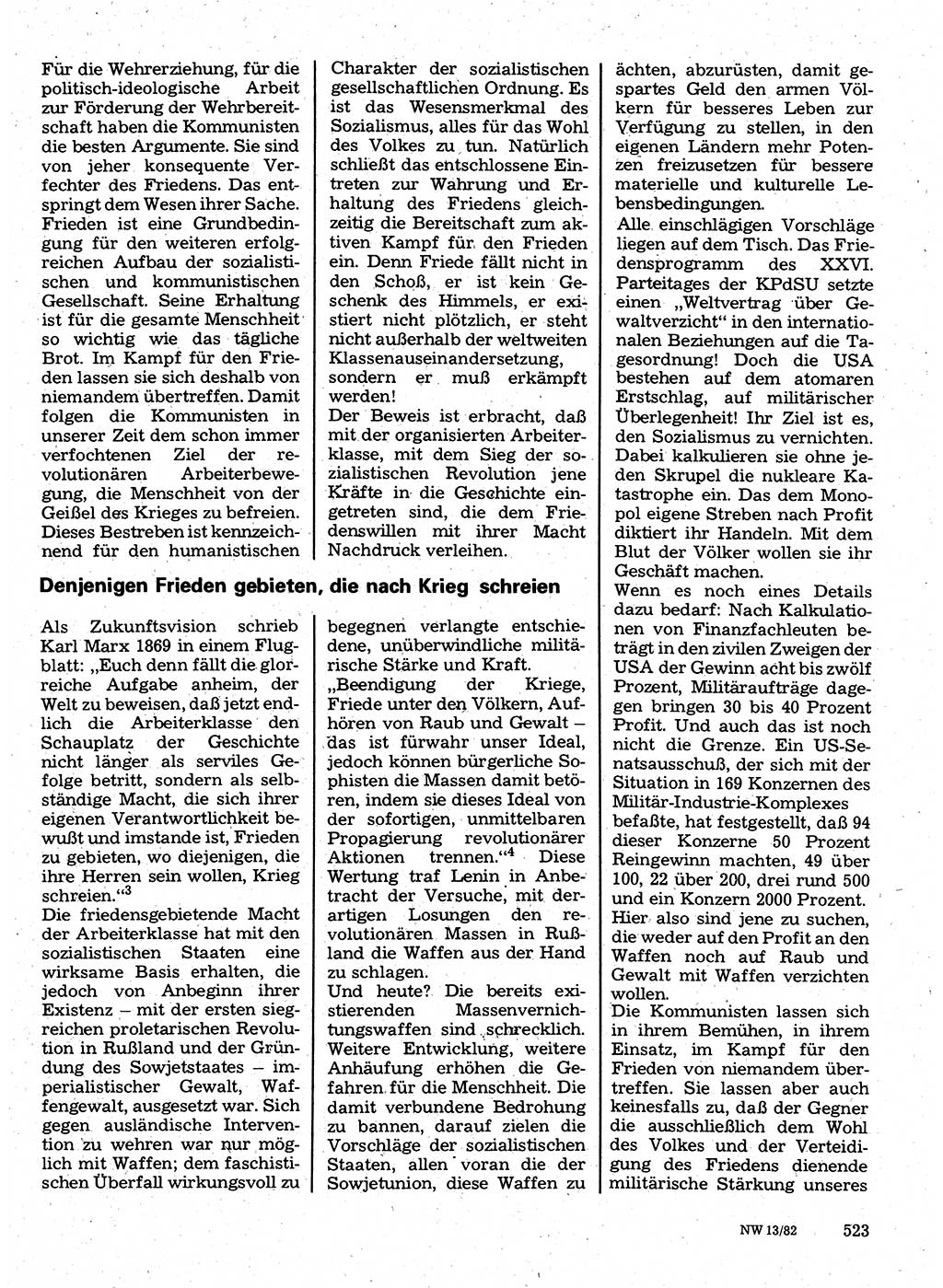 Neuer Weg (NW), Organ des Zentralkomitees (ZK) der SED (Sozialistische Einheitspartei Deutschlands) für Fragen des Parteilebens, 37. Jahrgang [Deutsche Demokratische Republik (DDR)] 1982, Seite 523 (NW ZK SED DDR 1982, S. 523)