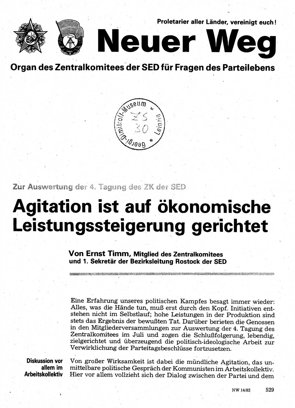 Neuer Weg (NW), Organ des Zentralkomitees (ZK) der SED (Sozialistische Einheitspartei Deutschlands) für Fragen des Parteilebens, 37. Jahrgang [Deutsche Demokratische Republik (DDR)] 1982, Seite 529 (NW ZK SED DDR 1982, S. 529)