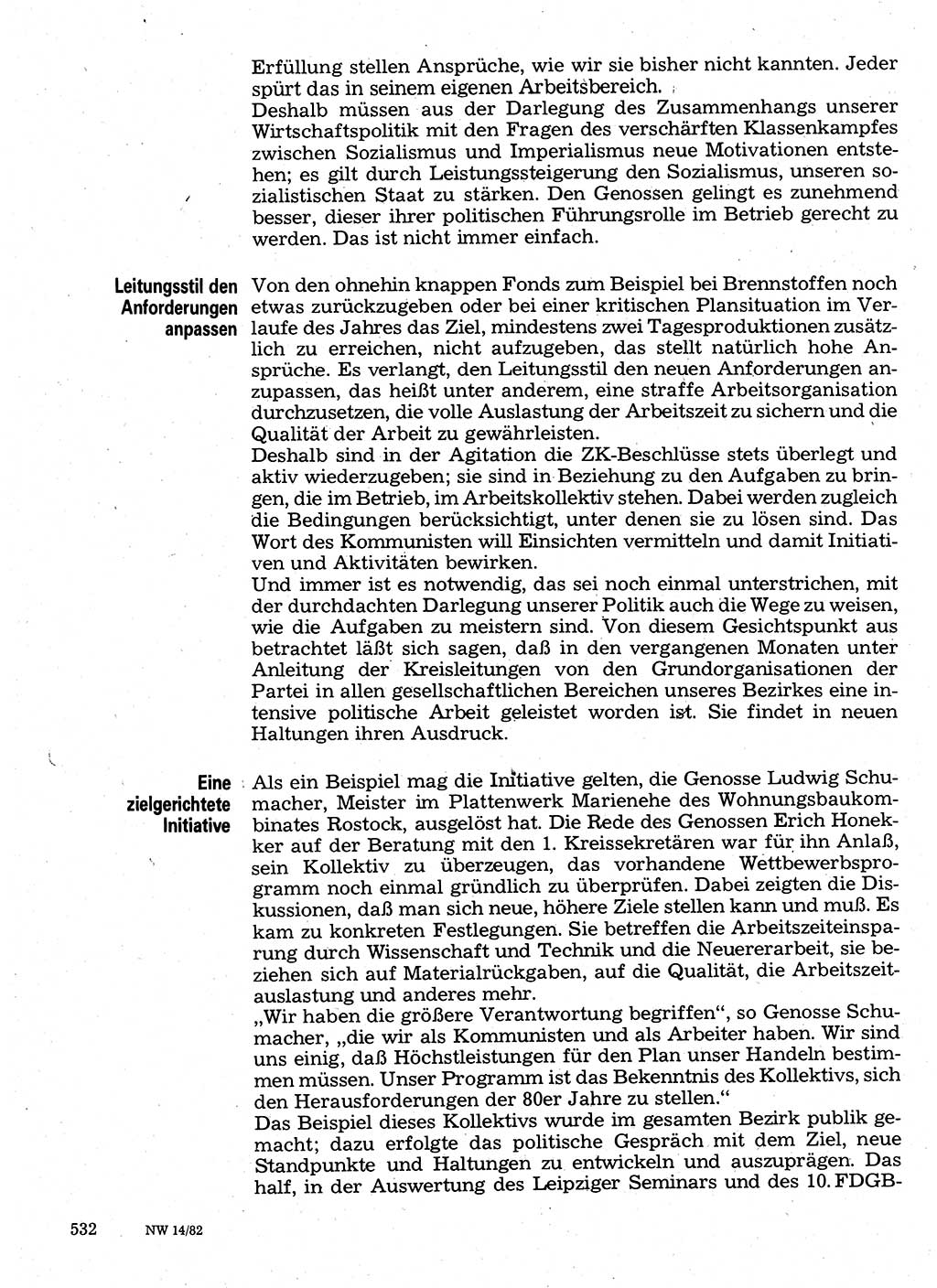 Neuer Weg (NW), Organ des Zentralkomitees (ZK) der SED (Sozialistische Einheitspartei Deutschlands) für Fragen des Parteilebens, 37. Jahrgang [Deutsche Demokratische Republik (DDR)] 1982, Seite 532 (NW ZK SED DDR 1982, S. 532)