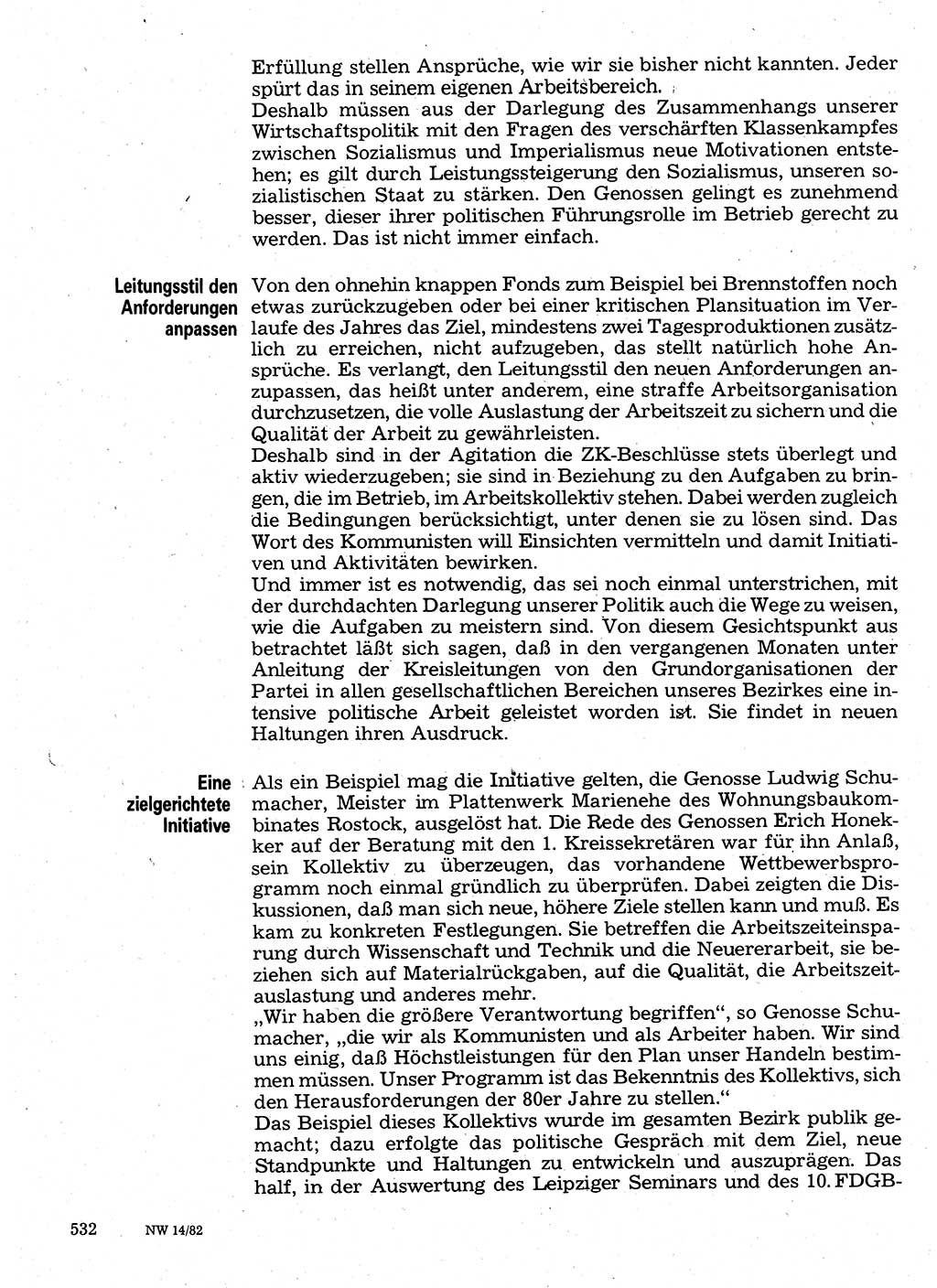 Neuer Weg (NW), Organ des Zentralkomitees (ZK) der SED (Sozialistische Einheitspartei Deutschlands) für Fragen des Parteilebens, 37. Jahrgang [Deutsche Demokratische Republik (DDR)] 1982, Seite 532 (NW ZK SED DDR 1982, S. 532)