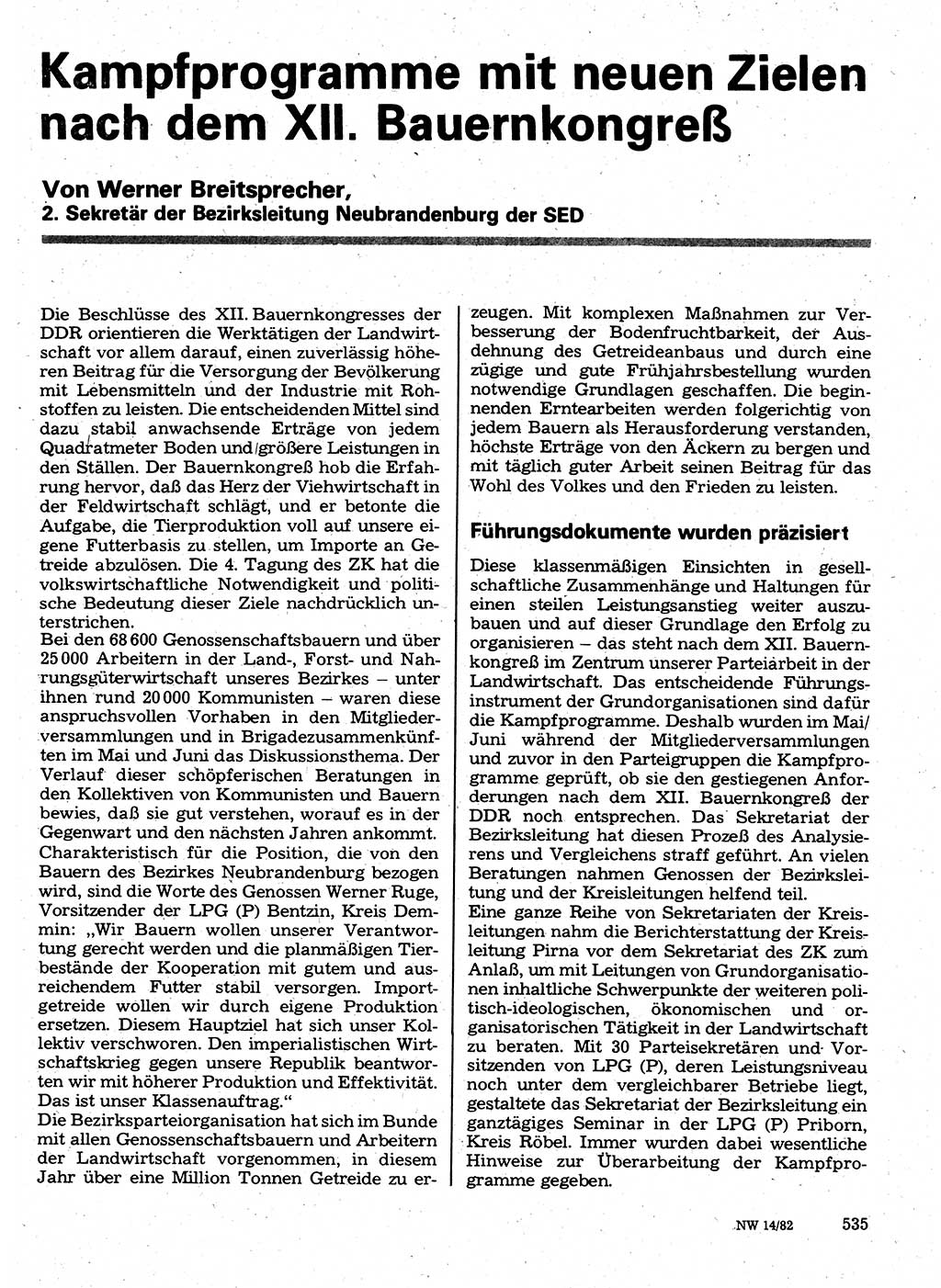 Neuer Weg (NW), Organ des Zentralkomitees (ZK) der SED (Sozialistische Einheitspartei Deutschlands) für Fragen des Parteilebens, 37. Jahrgang [Deutsche Demokratische Republik (DDR)] 1982, Seite 535 (NW ZK SED DDR 1982, S. 535)