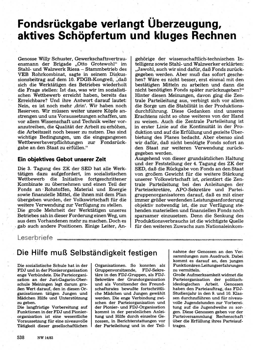 Neuer Weg (NW), Organ des Zentralkomitees (ZK) der SED (Sozialistische Einheitspartei Deutschlands) für Fragen des Parteilebens, 37. Jahrgang [Deutsche Demokratische Republik (DDR)] 1982, Seite 538 (NW ZK SED DDR 1982, S. 538)