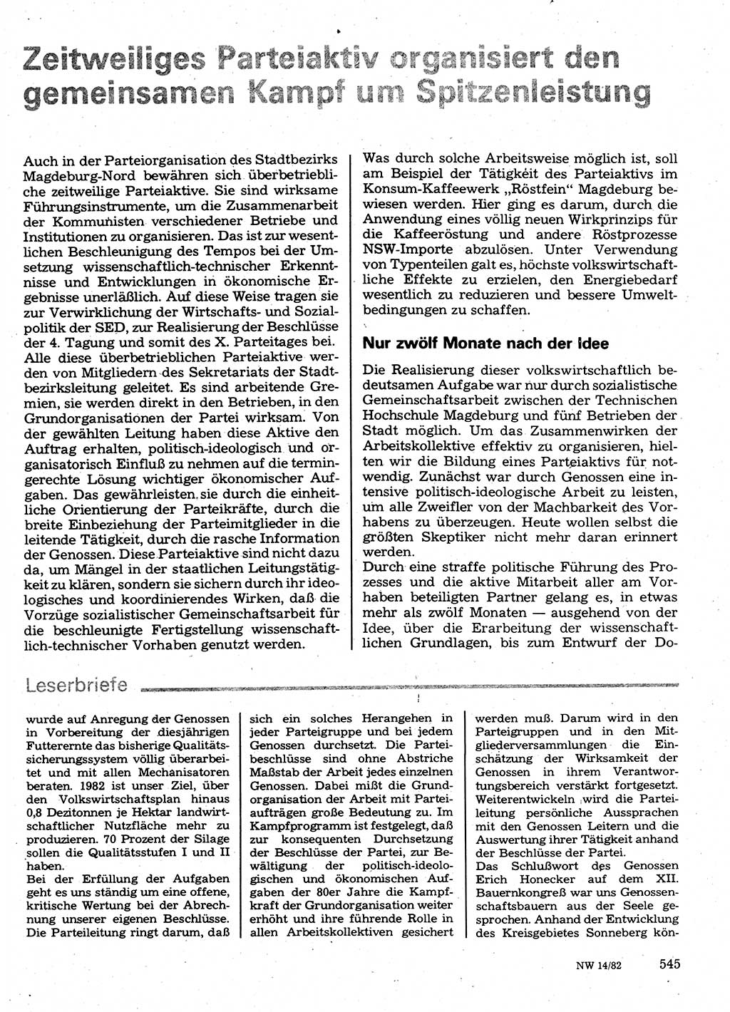 Neuer Weg (NW), Organ des Zentralkomitees (ZK) der SED (Sozialistische Einheitspartei Deutschlands) für Fragen des Parteilebens, 37. Jahrgang [Deutsche Demokratische Republik (DDR)] 1982, Seite 545 (NW ZK SED DDR 1982, S. 545)