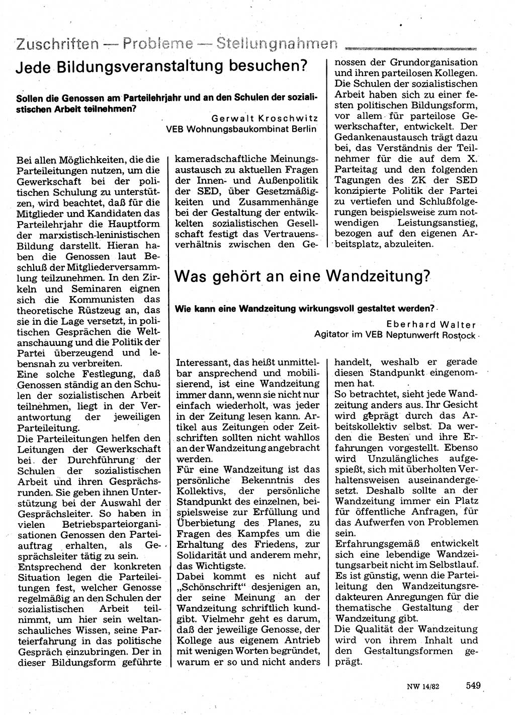 Neuer Weg (NW), Organ des Zentralkomitees (ZK) der SED (Sozialistische Einheitspartei Deutschlands) für Fragen des Parteilebens, 37. Jahrgang [Deutsche Demokratische Republik (DDR)] 1982, Seite 549 (NW ZK SED DDR 1982, S. 549)