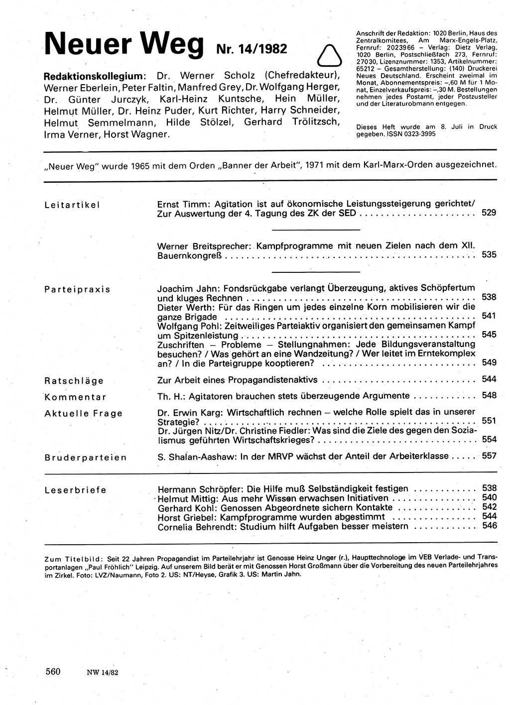 Neuer Weg (NW), Organ des Zentralkomitees (ZK) der SED (Sozialistische Einheitspartei Deutschlands) für Fragen des Parteilebens, 37. Jahrgang [Deutsche Demokratische Republik (DDR)] 1982, Seite 560 (NW ZK SED DDR 1982, S. 560)
