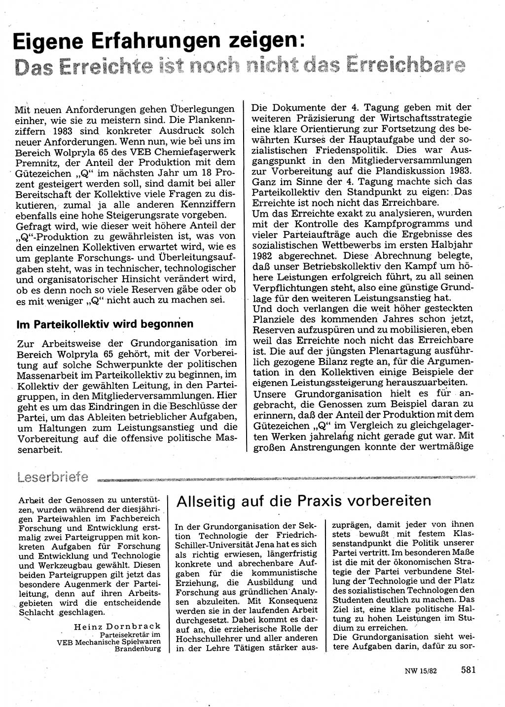 Neuer Weg (NW), Organ des Zentralkomitees (ZK) der SED (Sozialistische Einheitspartei Deutschlands) für Fragen des Parteilebens, 37. Jahrgang [Deutsche Demokratische Republik (DDR)] 1982, Seite 581 (NW ZK SED DDR 1982, S. 581)