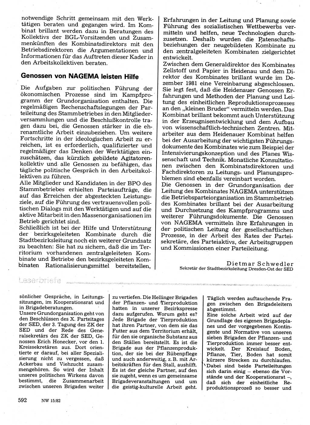 Neuer Weg (NW), Organ des Zentralkomitees (ZK) der SED (Sozialistische Einheitspartei Deutschlands) für Fragen des Parteilebens, 37. Jahrgang [Deutsche Demokratische Republik (DDR)] 1982, Seite 592 (NW ZK SED DDR 1982, S. 592)